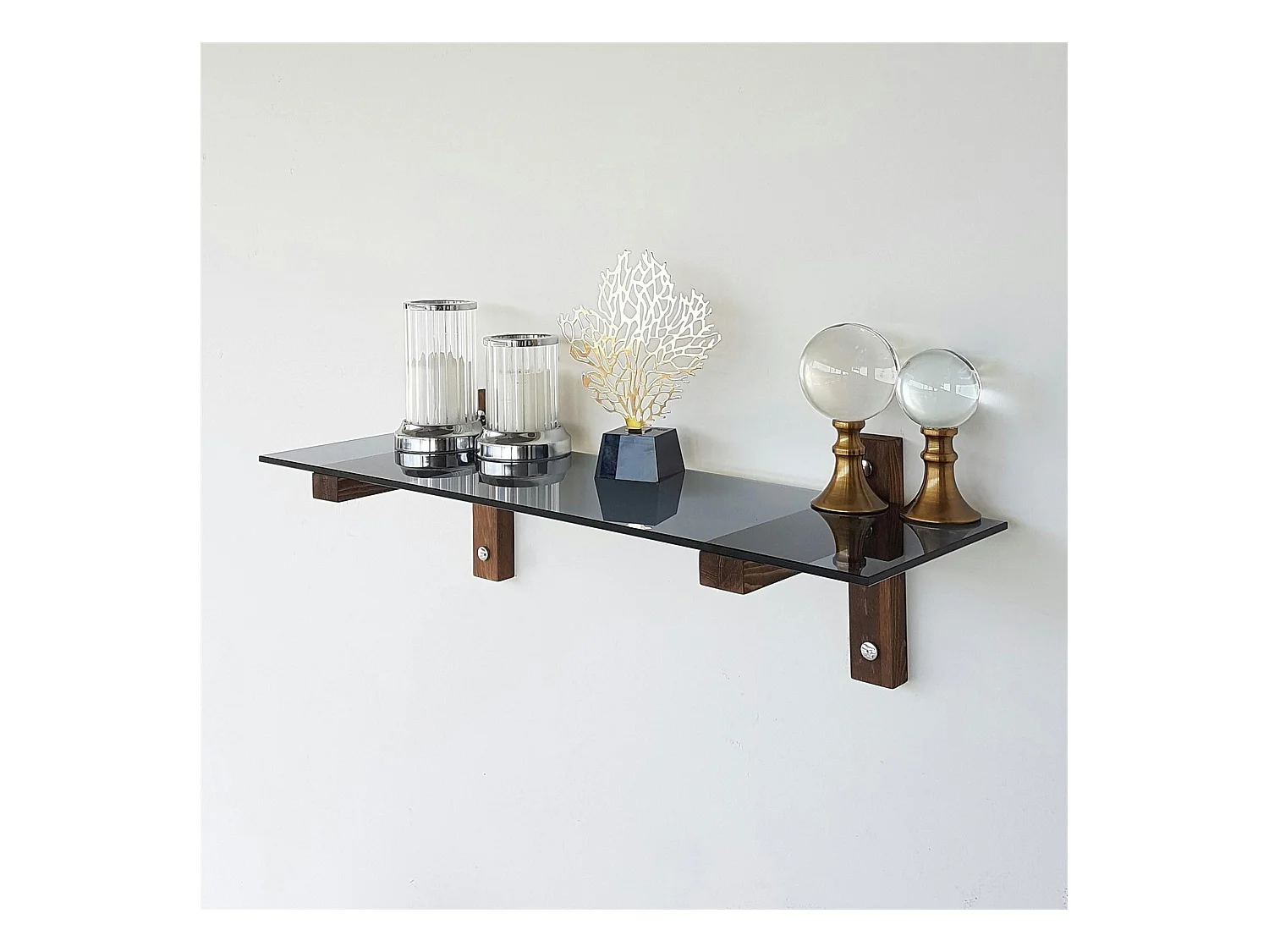 Étagère murale en verre fumé - supports bois foncé LHASA