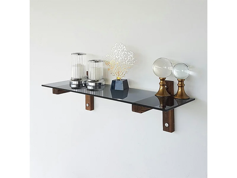 Étagère murale en verre fumé - supports bois foncé LHASA