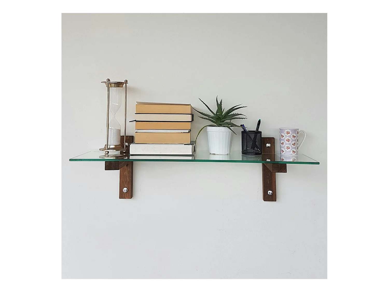 Étagère murale en verre - supports bois foncé LHASA