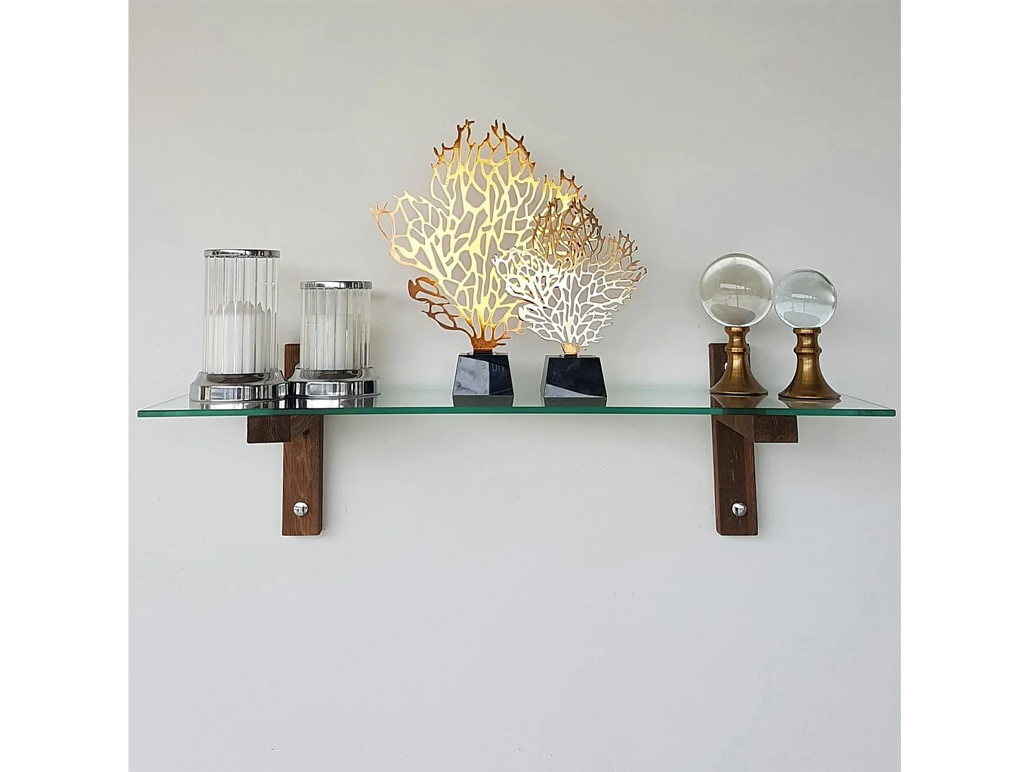 Étagère murale en verre - supports bois foncé LHASA