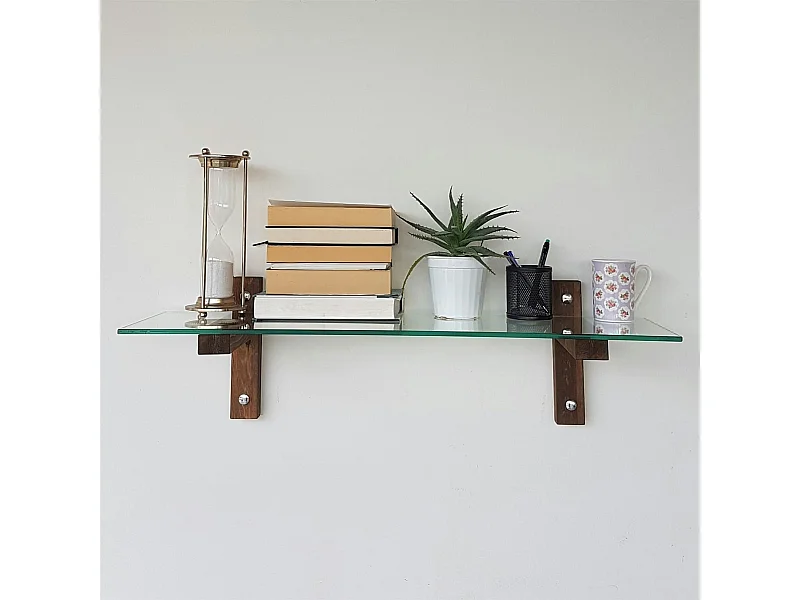 Étagère murale en verre - supports bois foncé LHASA