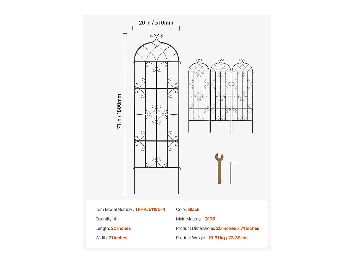 Treillis de Jardin SucceBuy en Métal,Lot de 4, 180 x 51 cm, Support pour Plantes Grimpantes, Antirouille