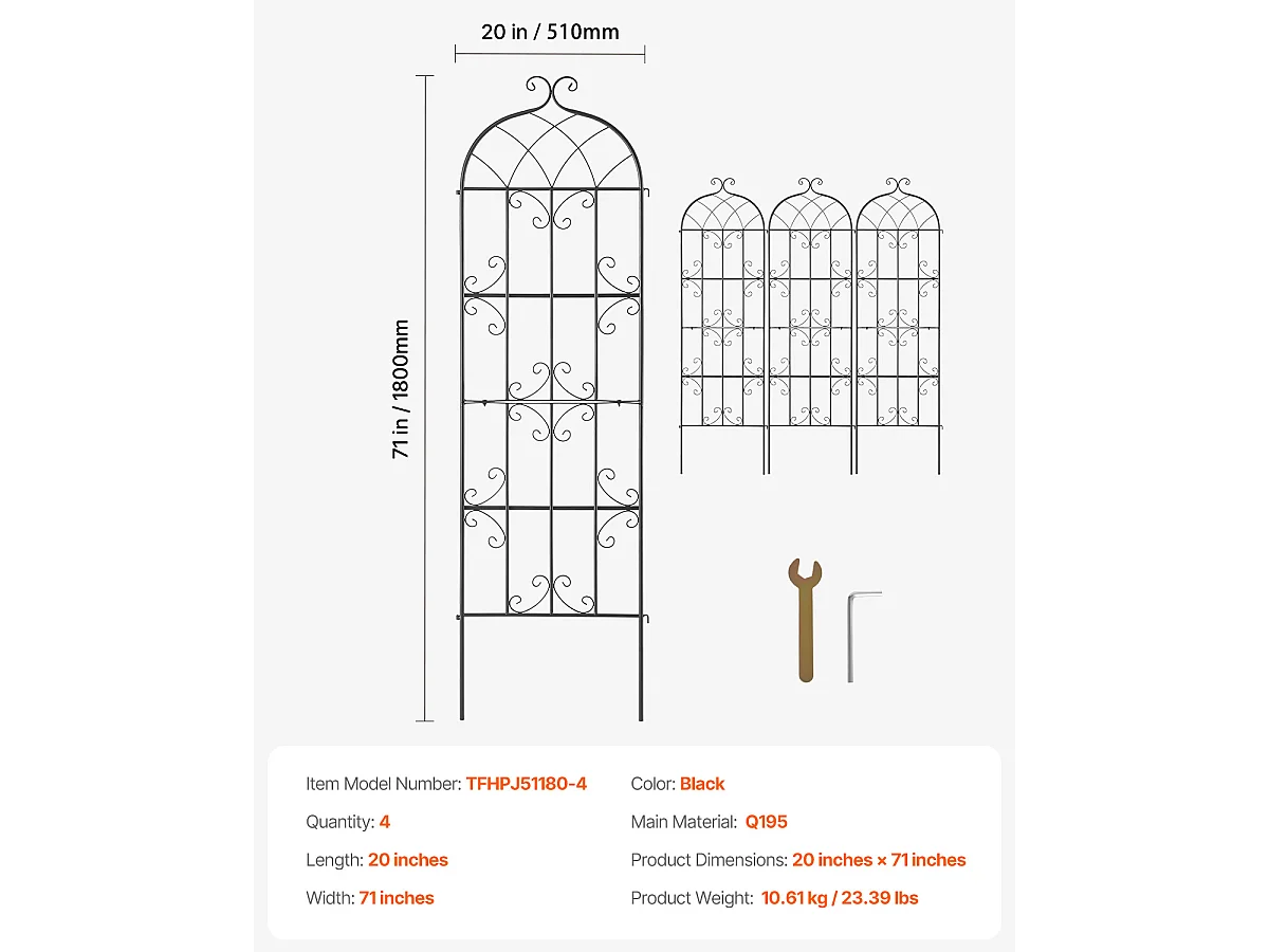 Treillis de Jardin SucceBuy en Métal,Lot de 4, 180 x 51 cm, Support pour Plantes Grimpantes, Antirouille