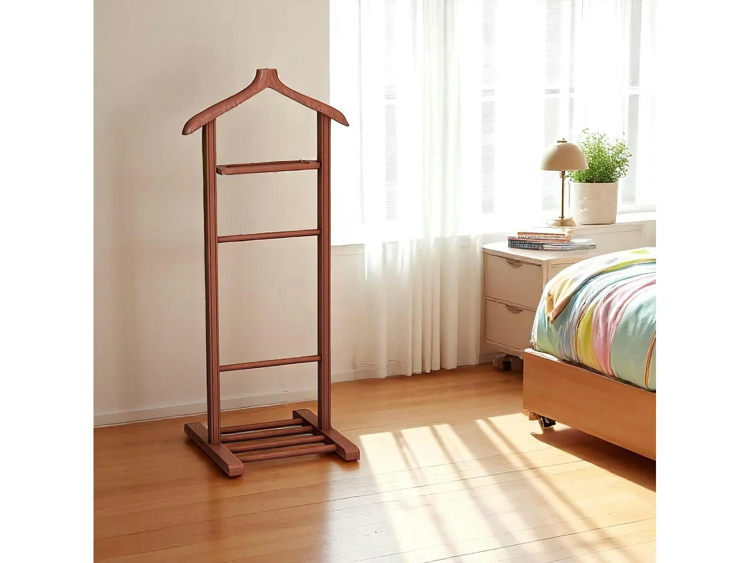 Valet de chambre bois brun avec plateau vide-poches SITIA