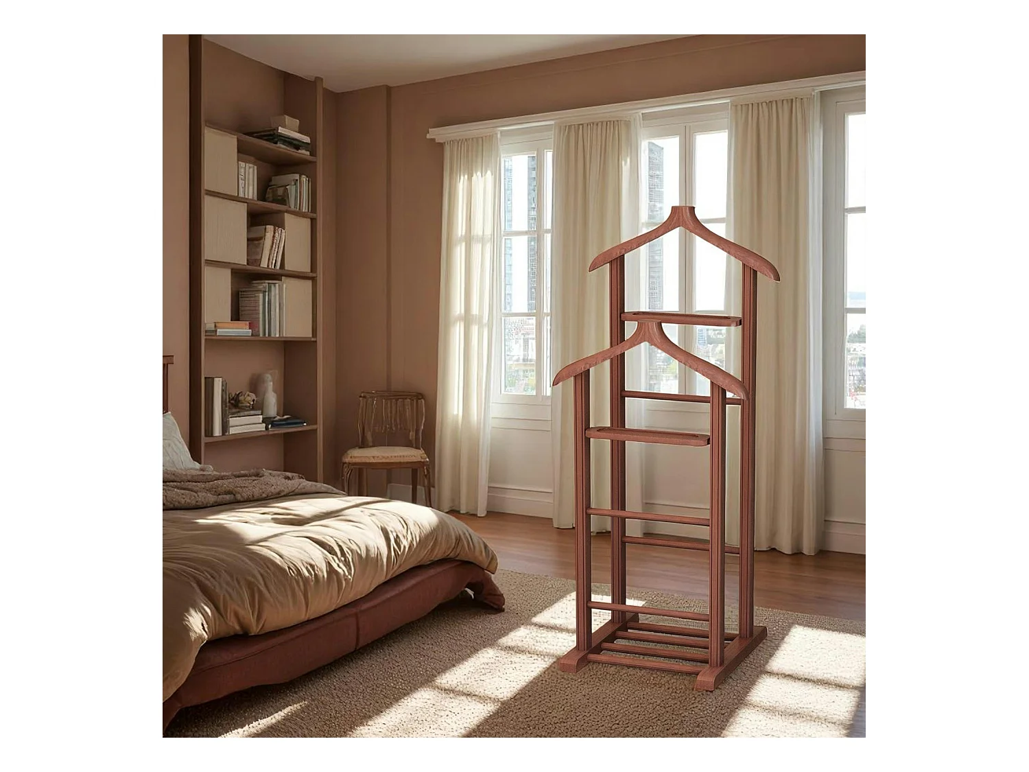 Valet de chambre double - bois marron, vide-poches SITIA
