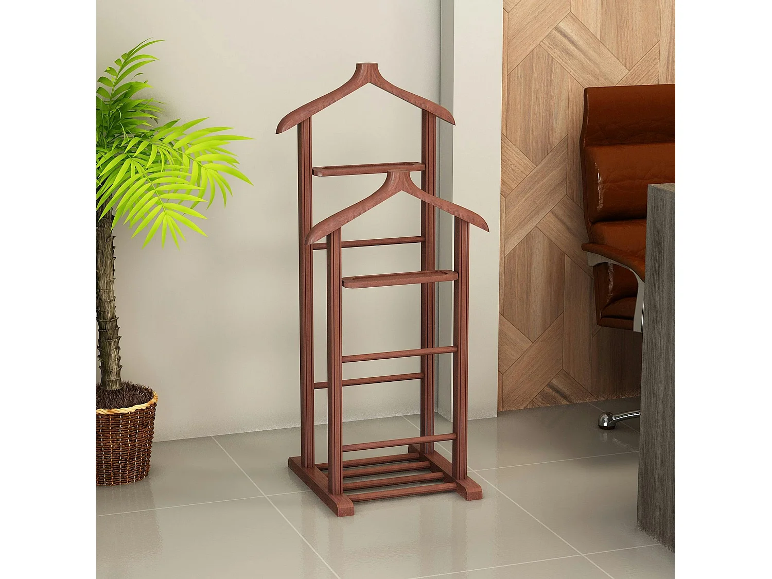 Valet de chambre double - bois marron, vide-poches SITIA