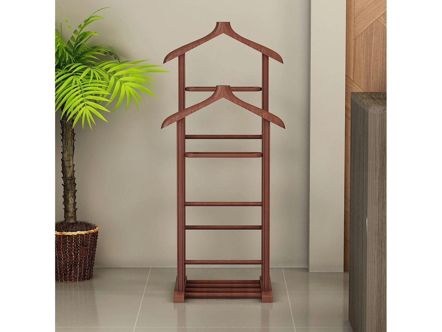 Valet de chambre double - bois marron, vide-poches SITIA