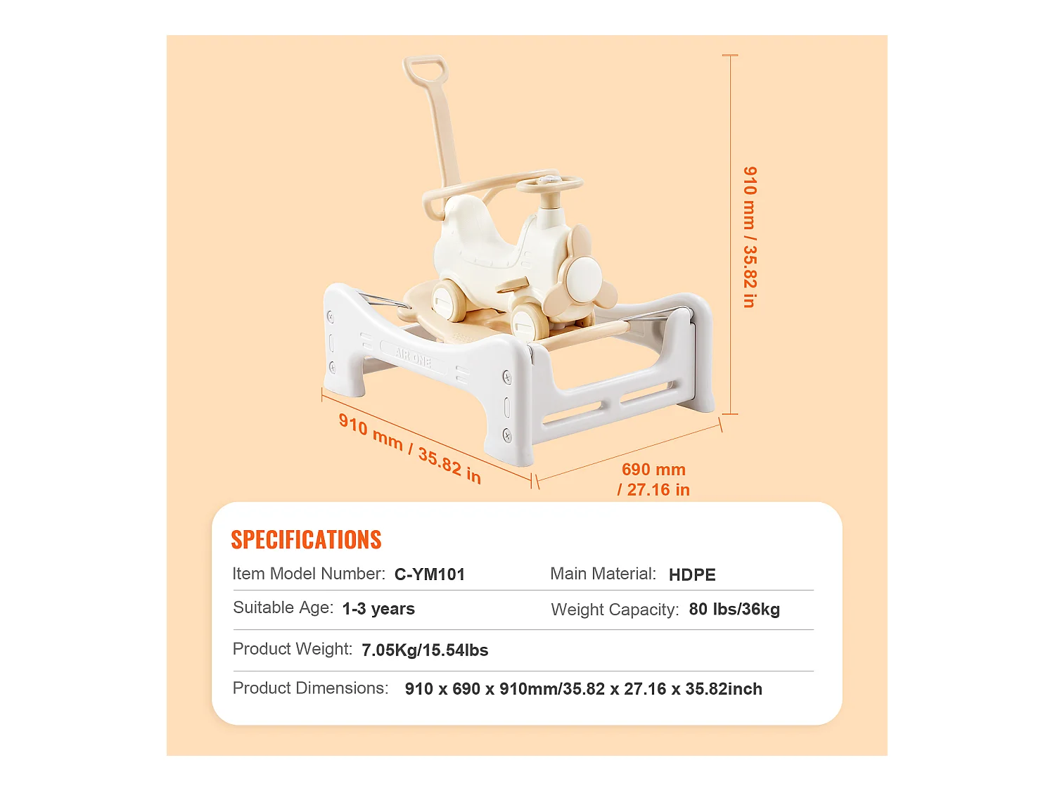 Cheval à Bascule SucceBuy, 5 en 1 pour Tout-Petits de 1 à 3 Ans, à Chevaucher, Trampoline, Jouet pour Enfants Blanc