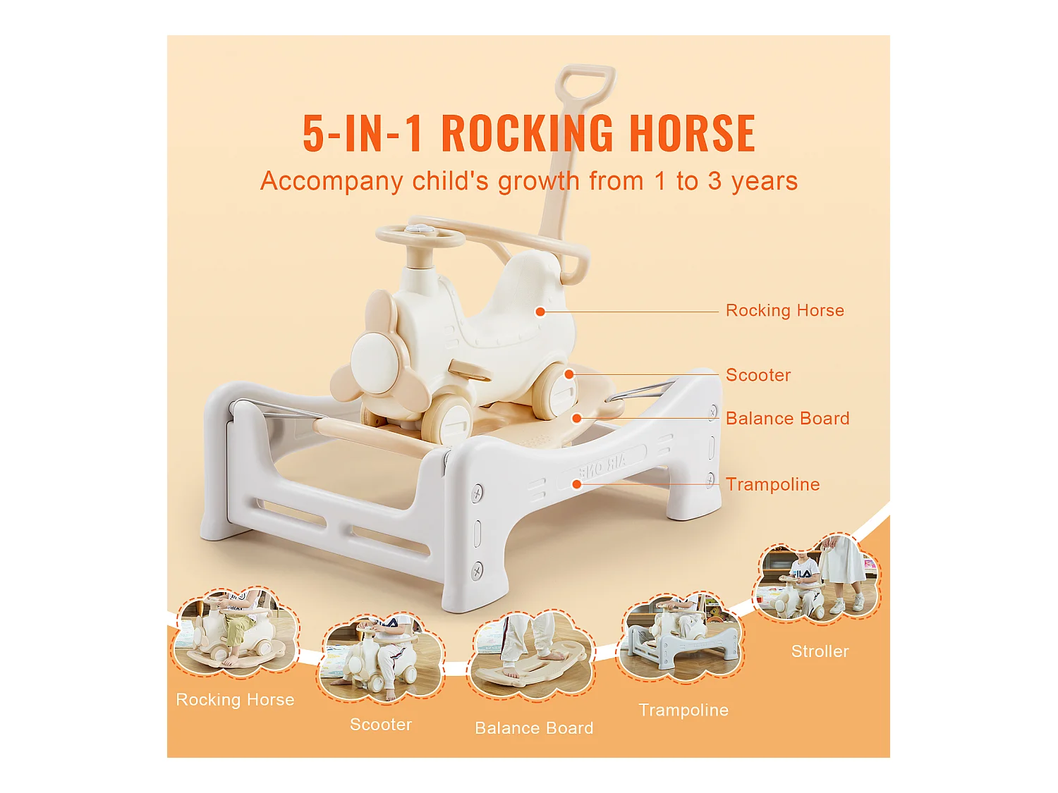 Cheval à Bascule SucceBuy, 5 en 1 pour Tout-Petits de 1 à 3 Ans, à Chevaucher, Trampoline, Jouet pour Enfants Blanc