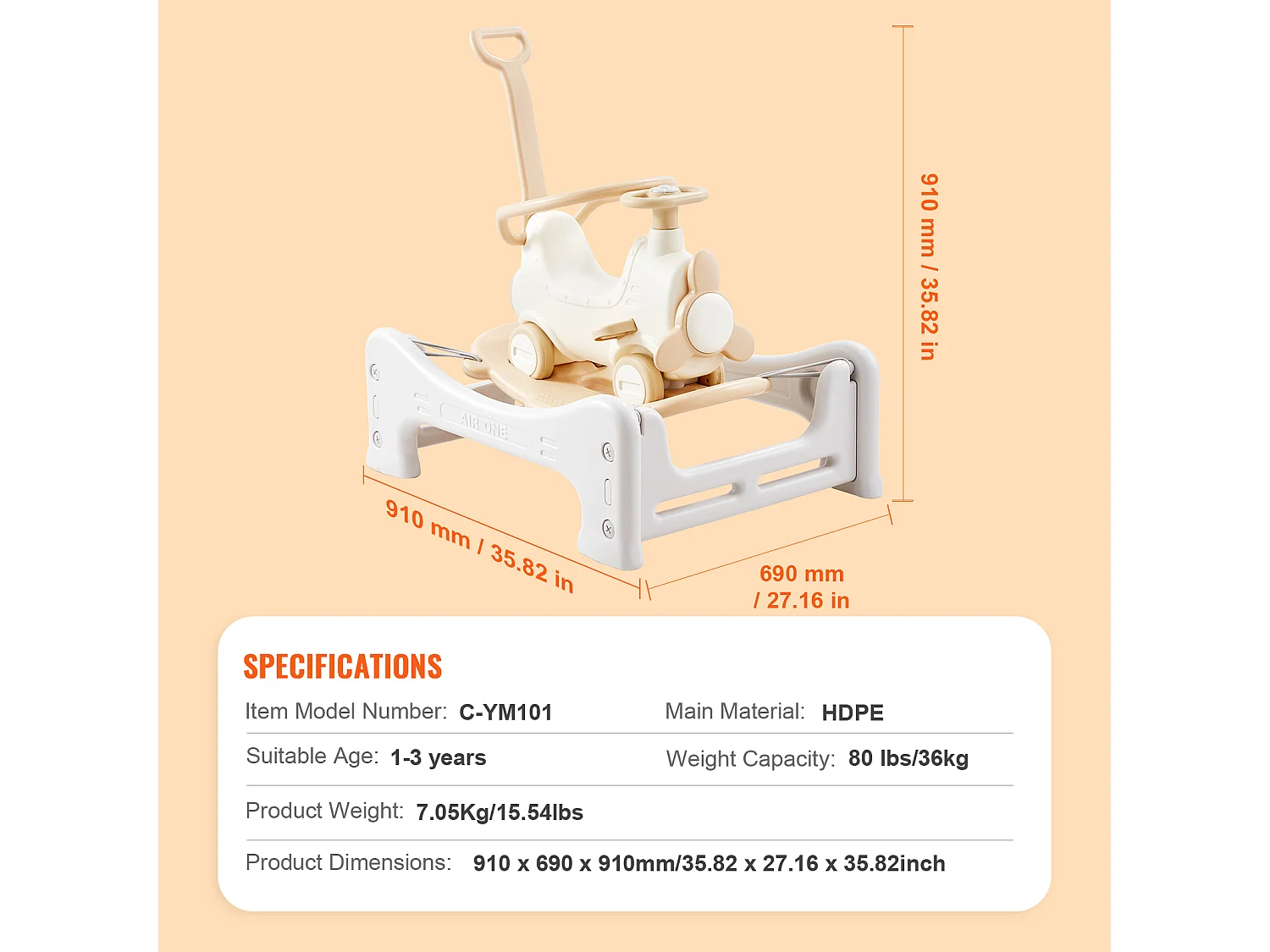 Cheval à Bascule SucceBuy, 5 en 1 pour Tout-Petits de 1 à 3 Ans, à Chevaucher, Trampoline, Jouet pour Enfants Blanc