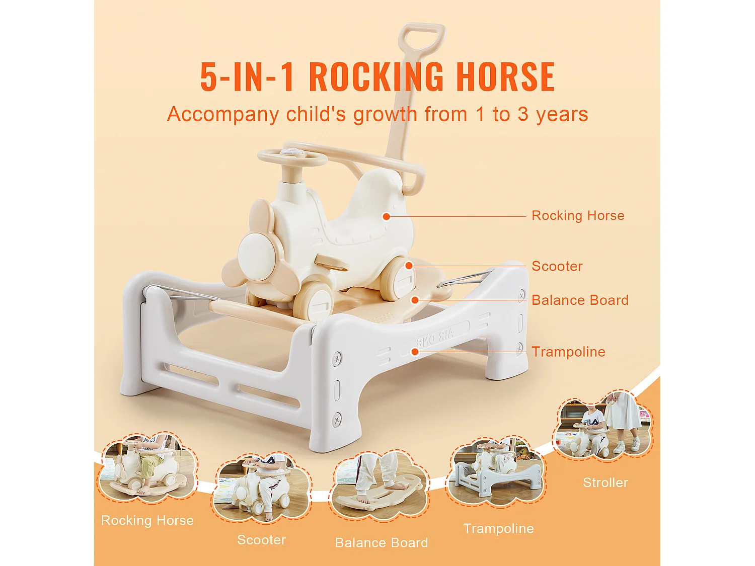 Cheval à Bascule SucceBuy, 5 en 1 pour Tout-Petits de 1 à 3 Ans, à Chevaucher, Trampoline, Jouet pour Enfants Blanc