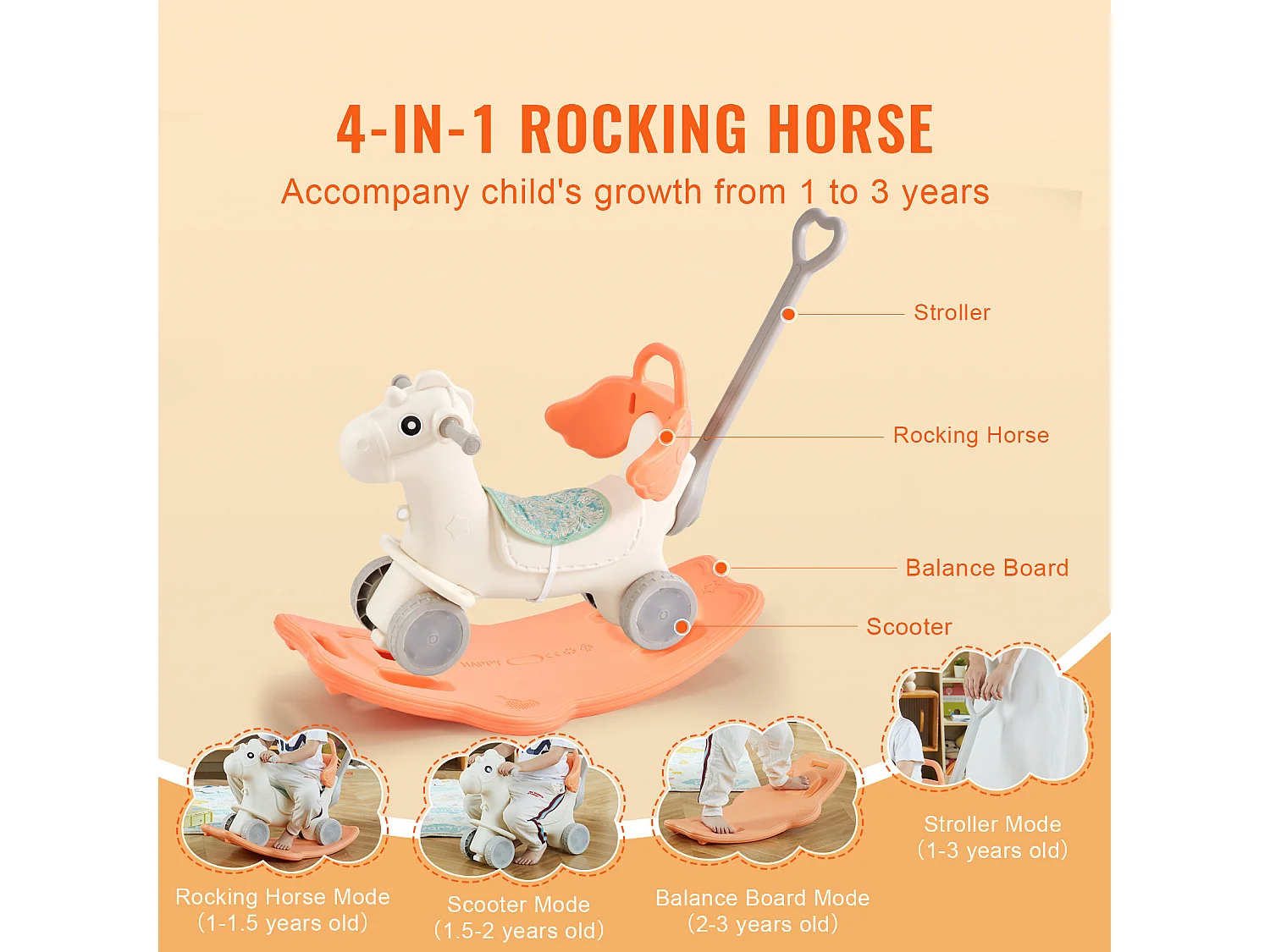 Cavallo Balestrino SucceBuy, 4 in 1 per Bambini da 1 a 3 Anni, da Cavalcare, con Suono, Rosso