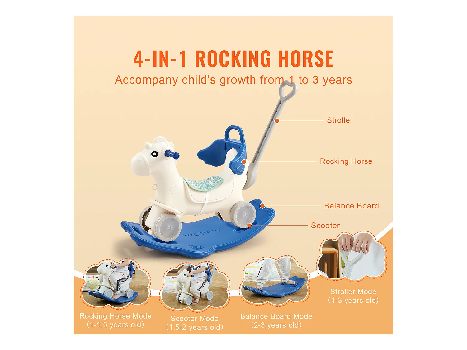 Cheval à Bascule SucceBuy, 4 en 1 pour Tout-Petits de 1 à 3 Ans, à Chevaucher, Sonore, bleu