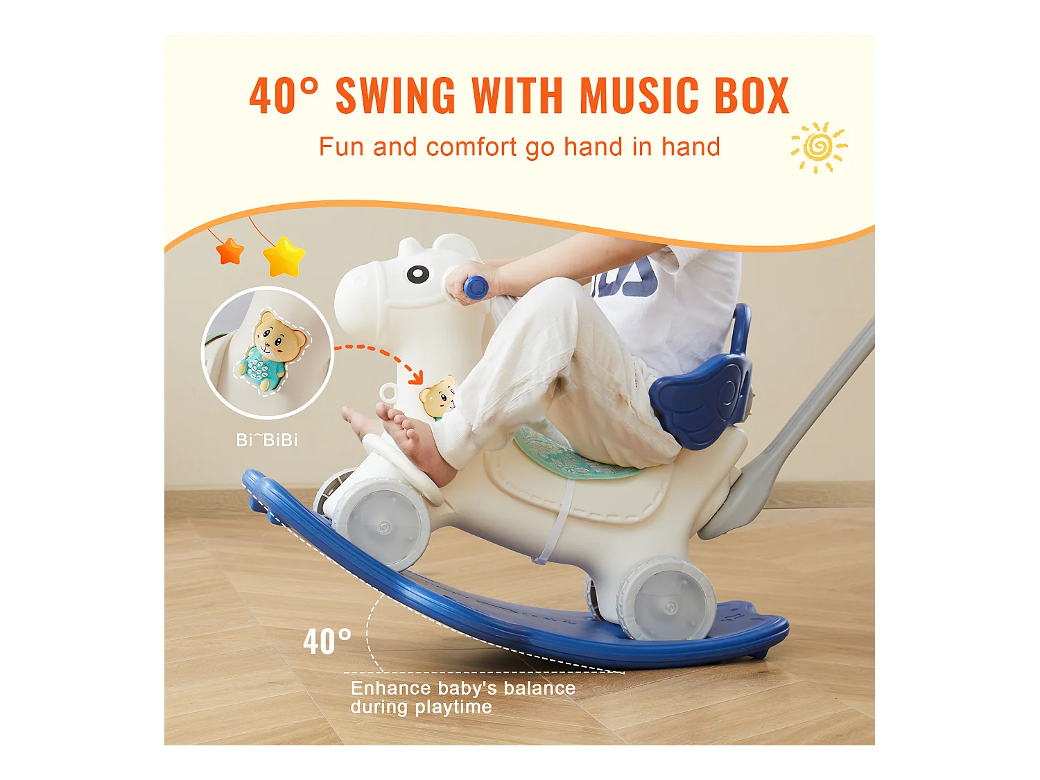 Cheval à Bascule SucceBuy, 4 en 1 pour Tout-Petits de 1 à 3 Ans, à Chevaucher, Sonore, bleu