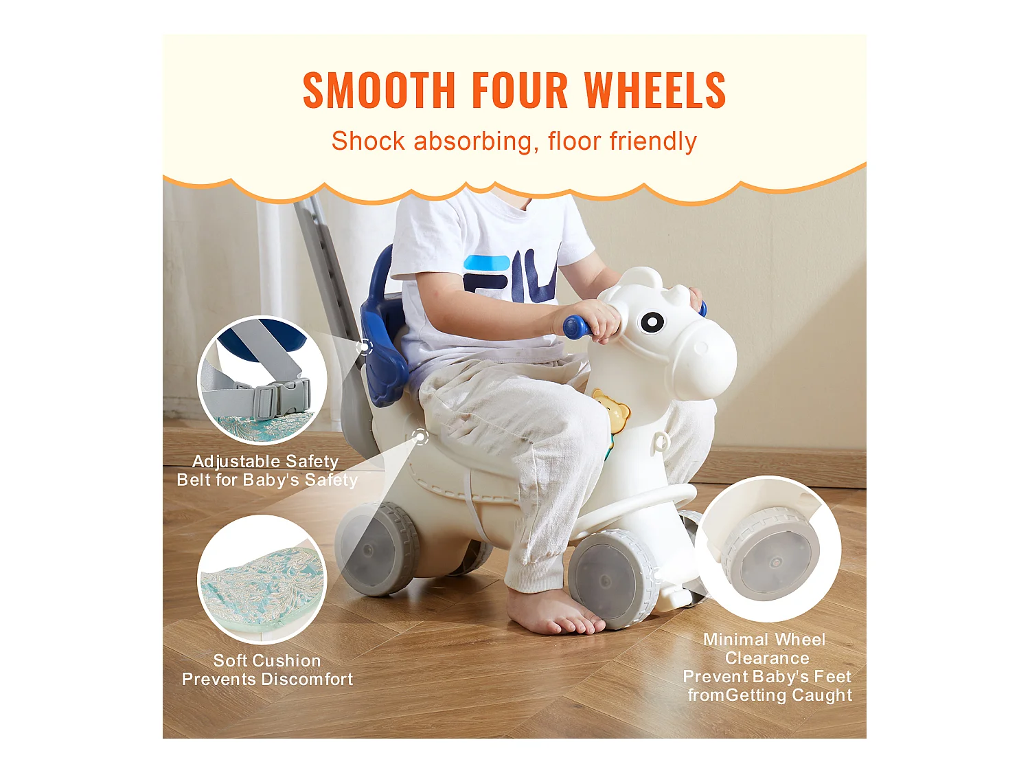 Cheval à Bascule SucceBuy, 4 en 1 pour Tout-Petits de 1 à 3 Ans, à Chevaucher, Sonore, bleu