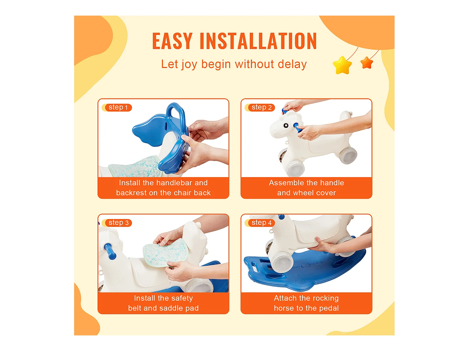 Cheval à Bascule SucceBuy, 4 en 1 pour Tout-Petits de 1 à 3 Ans, à Chevaucher, Sonore, bleu