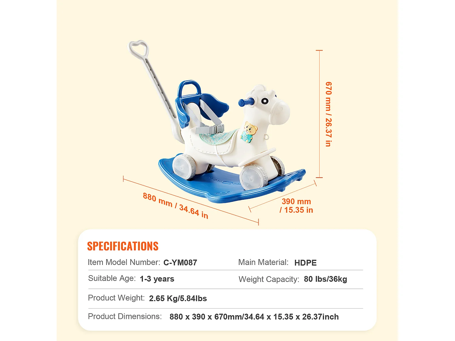 Cheval à Bascule SucceBuy, 4 en 1 pour Tout-Petits de 1 à 3 Ans, à Chevaucher, Sonore, bleu