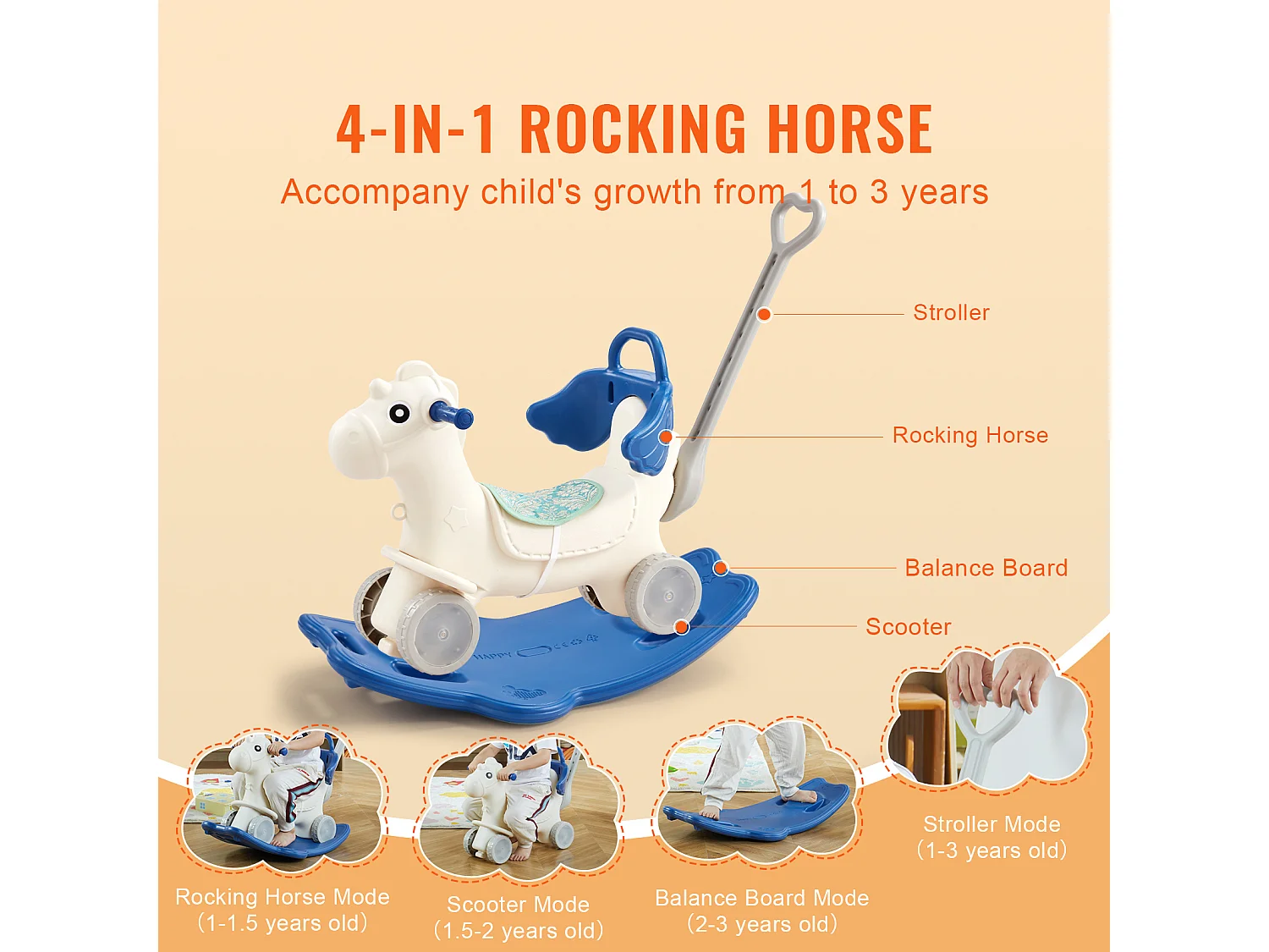 Cheval à Bascule SucceBuy, 4 en 1 pour Tout-Petits de 1 à 3 Ans, à Chevaucher, Sonore, bleu