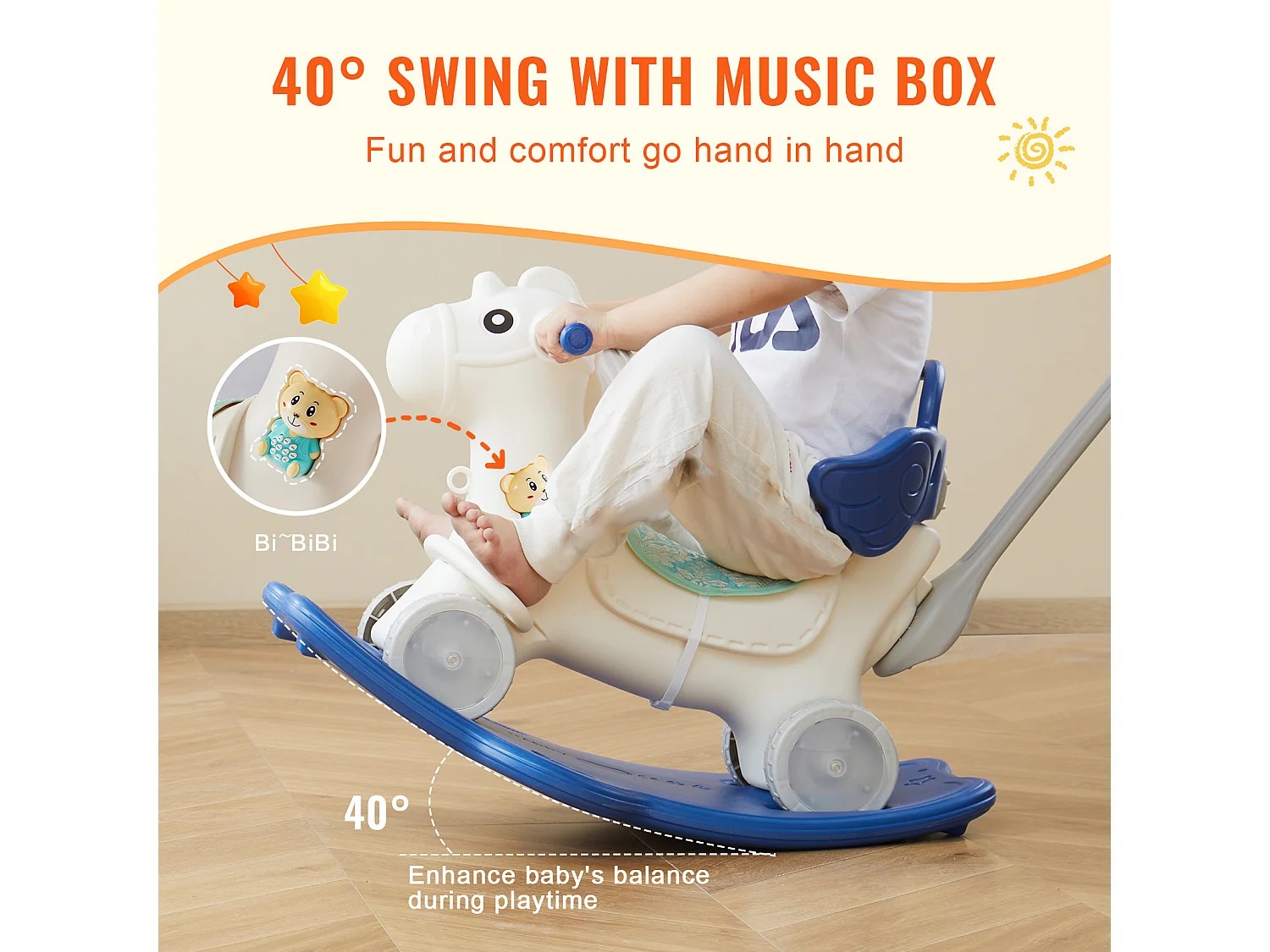 Cheval à Bascule SucceBuy, 4 en 1 pour Tout-Petits de 1 à 3 Ans, à Chevaucher, Sonore, bleu