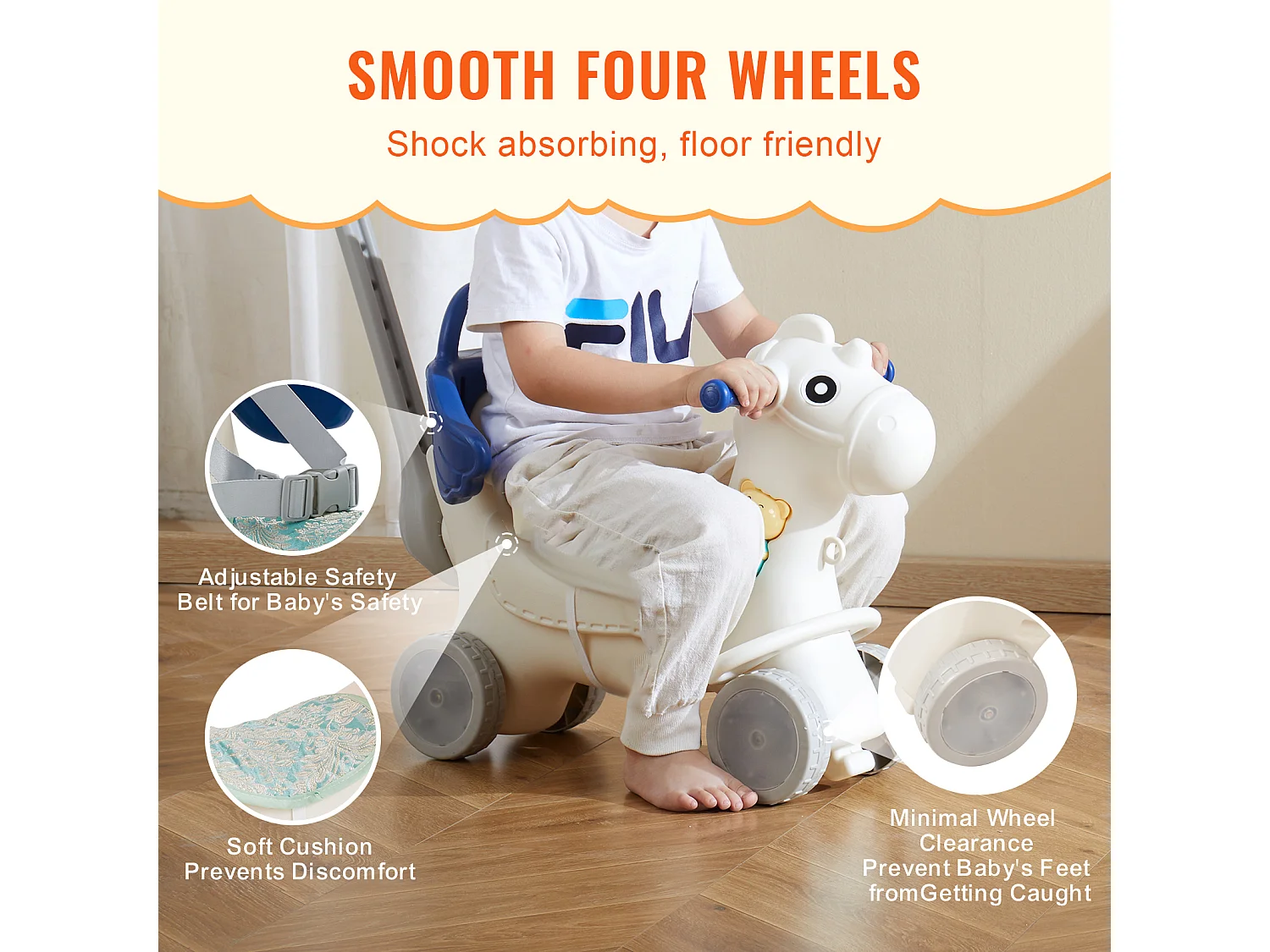 Cheval à Bascule SucceBuy, 4 en 1 pour Tout-Petits de 1 à 3 Ans, à Chevaucher, Sonore, bleu