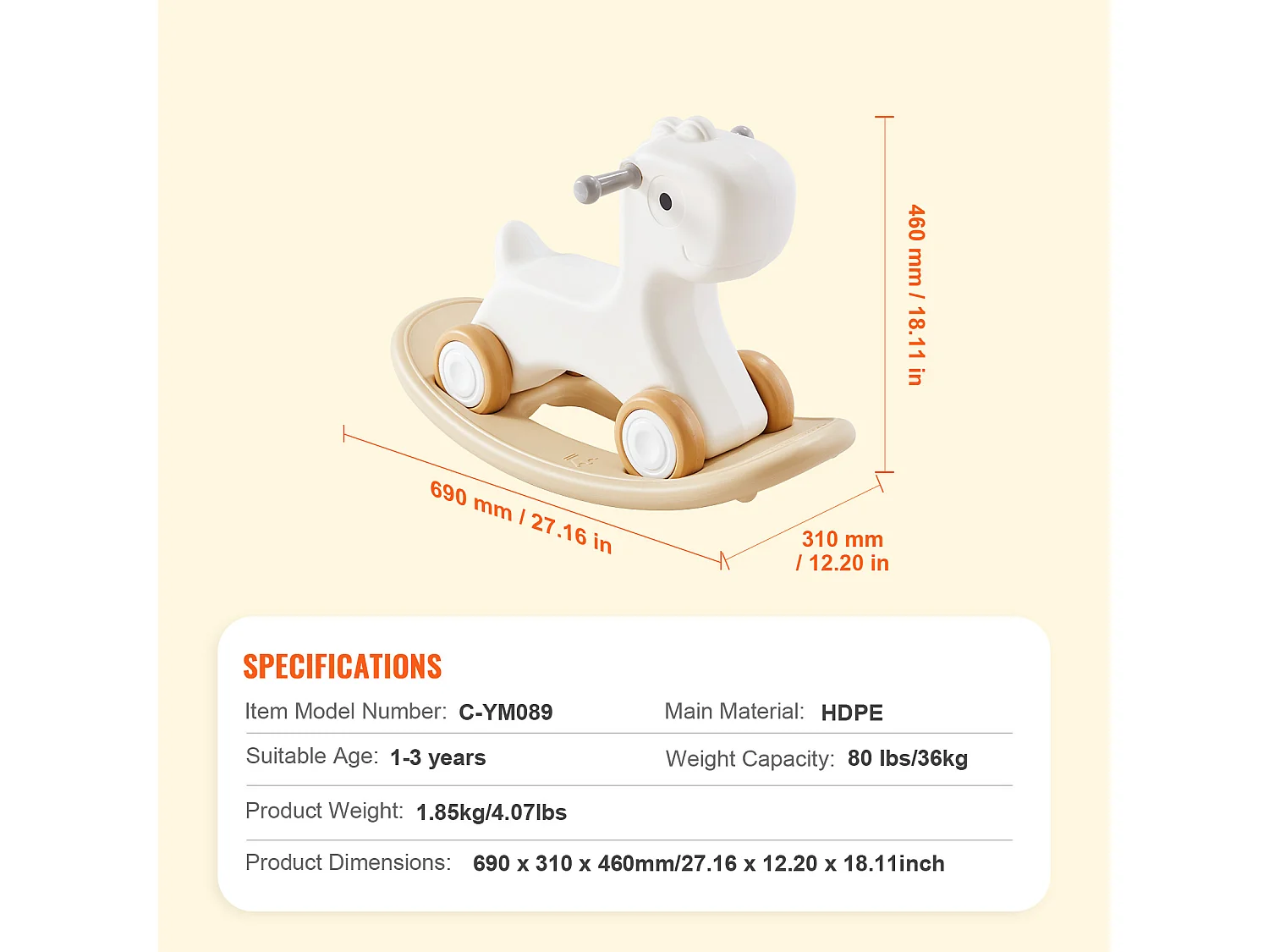 Wipppferd SucceBuy, 3-in-1 für Kleinkinder 1-3 Jahre, Reit- und Brettvariante, Weiß