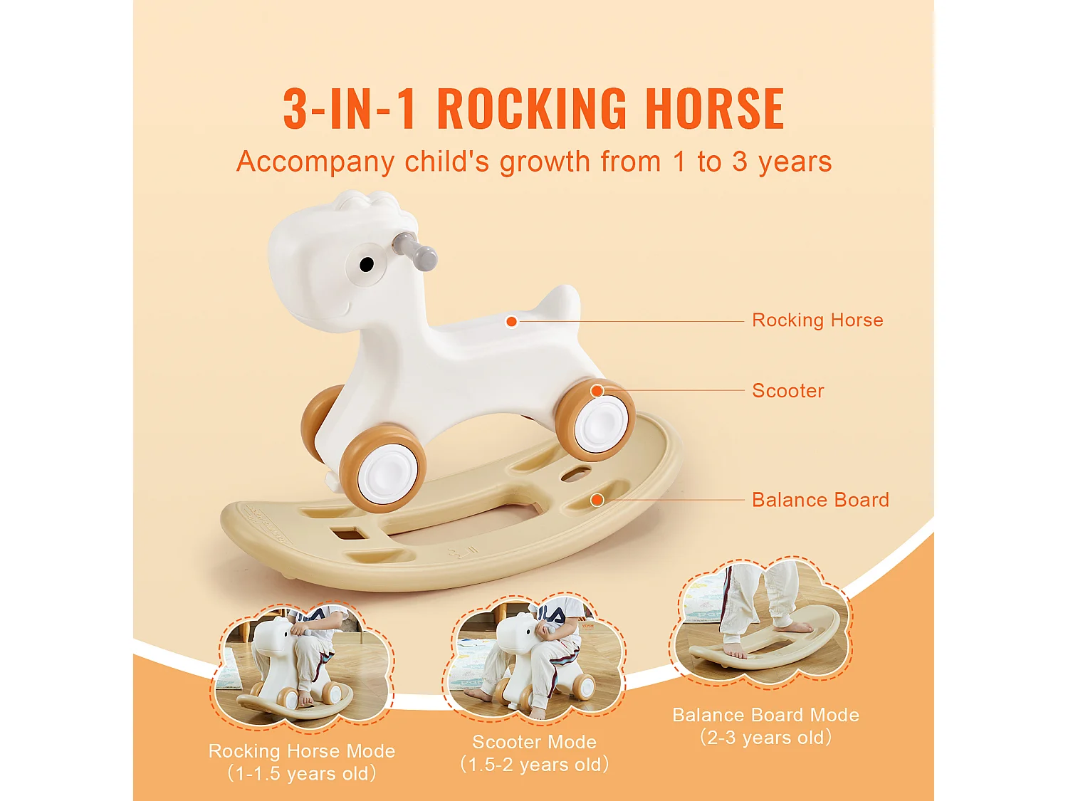 Wipppferd SucceBuy, 3-in-1 für Kleinkinder 1-3 Jahre, Reit- und Brettvariante, Weiß