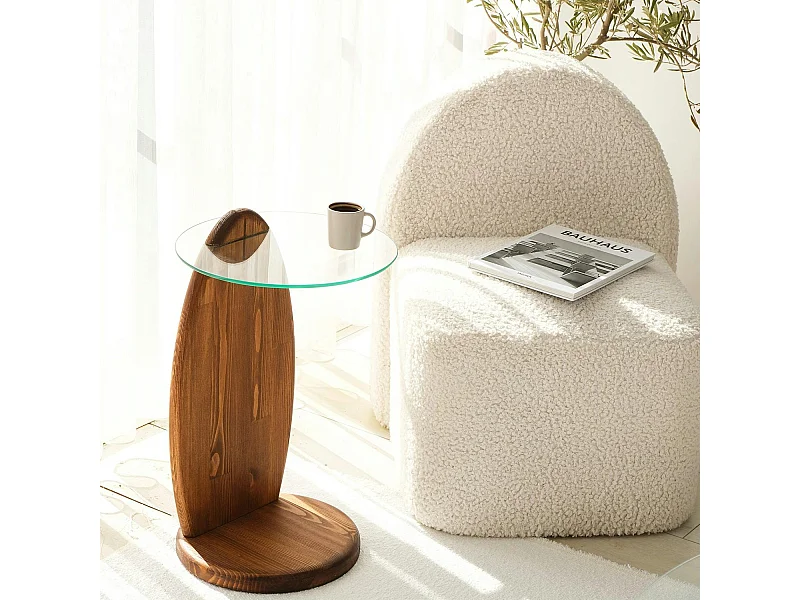 Bout de canapé bois brun et verre - forme ronde ANZIO