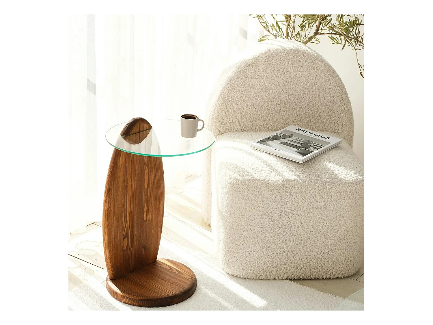 Bout de canapé bois brun et verre - forme ronde ANZIO