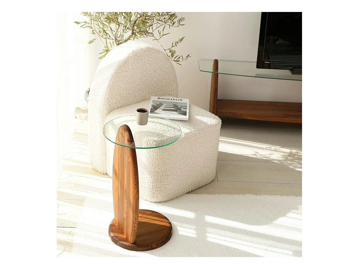 Bout de canapé bois brun et verre - forme ronde ANZIO