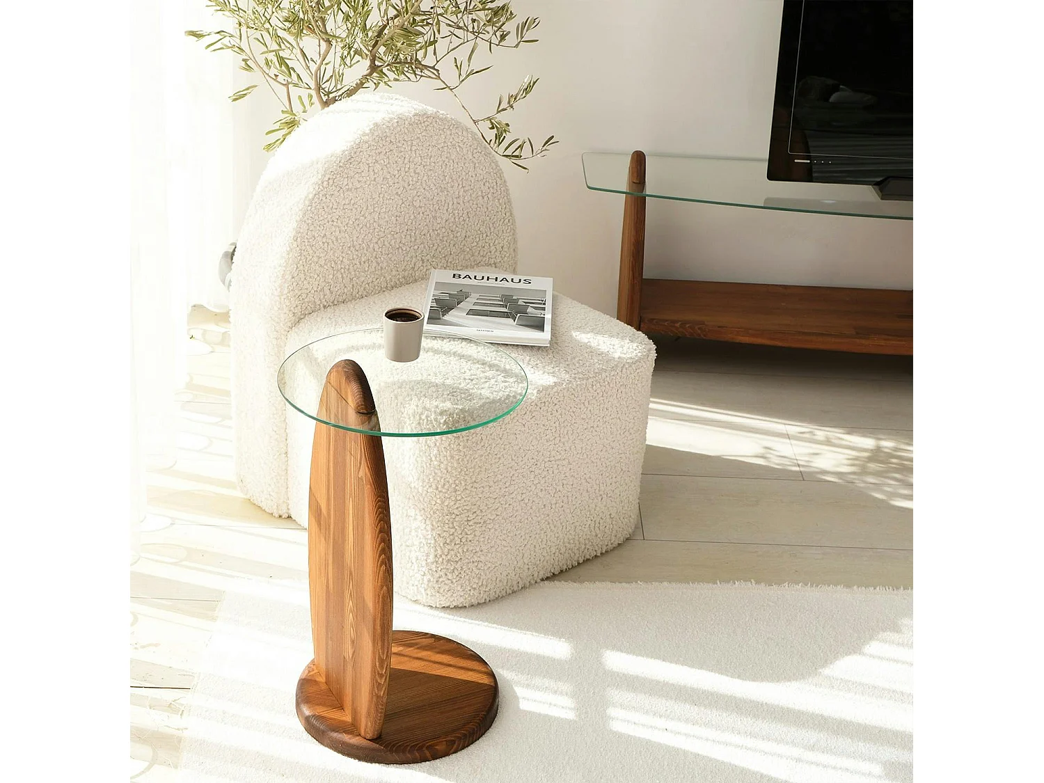 Bout de canapé bois brun et verre - forme ronde ANZIO