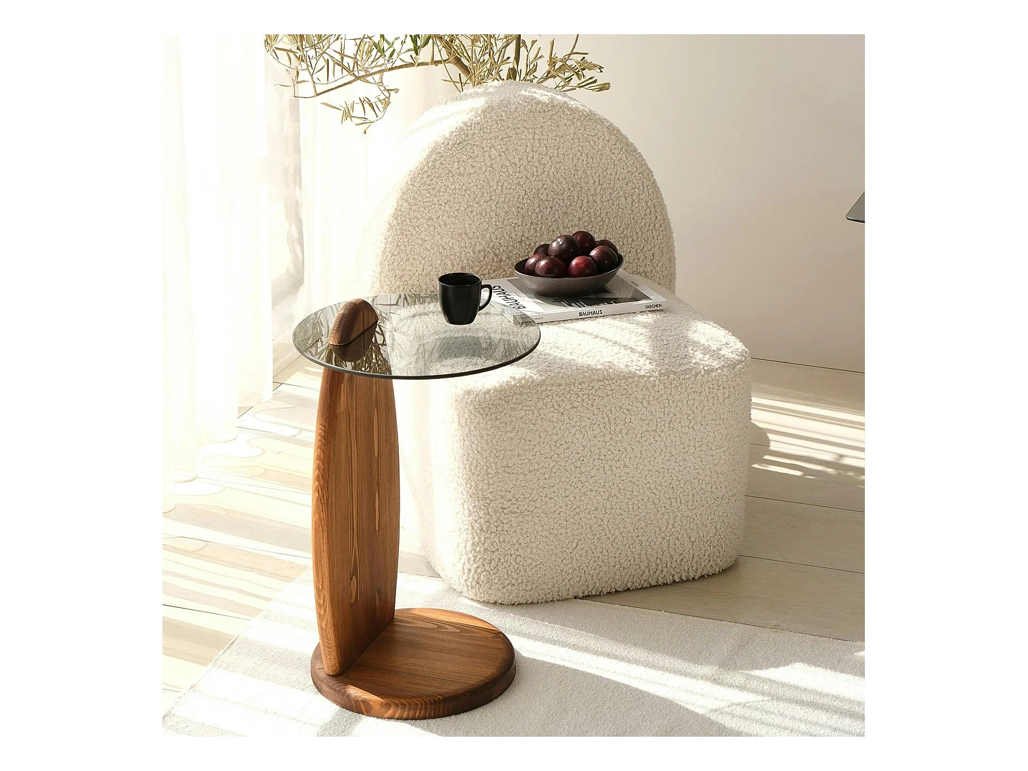 Bout de canapé bois brun et verre fumé - forme ronde ANZIO