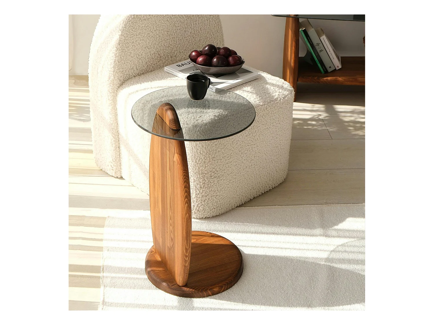 Bout de canapé bois brun et verre fumé - forme ronde ANZIO