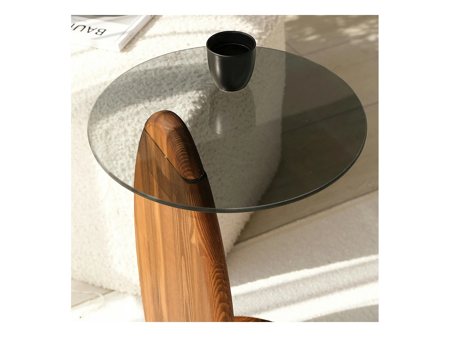 Bout de canapé bois brun et verre fumé - forme ronde ANZIO