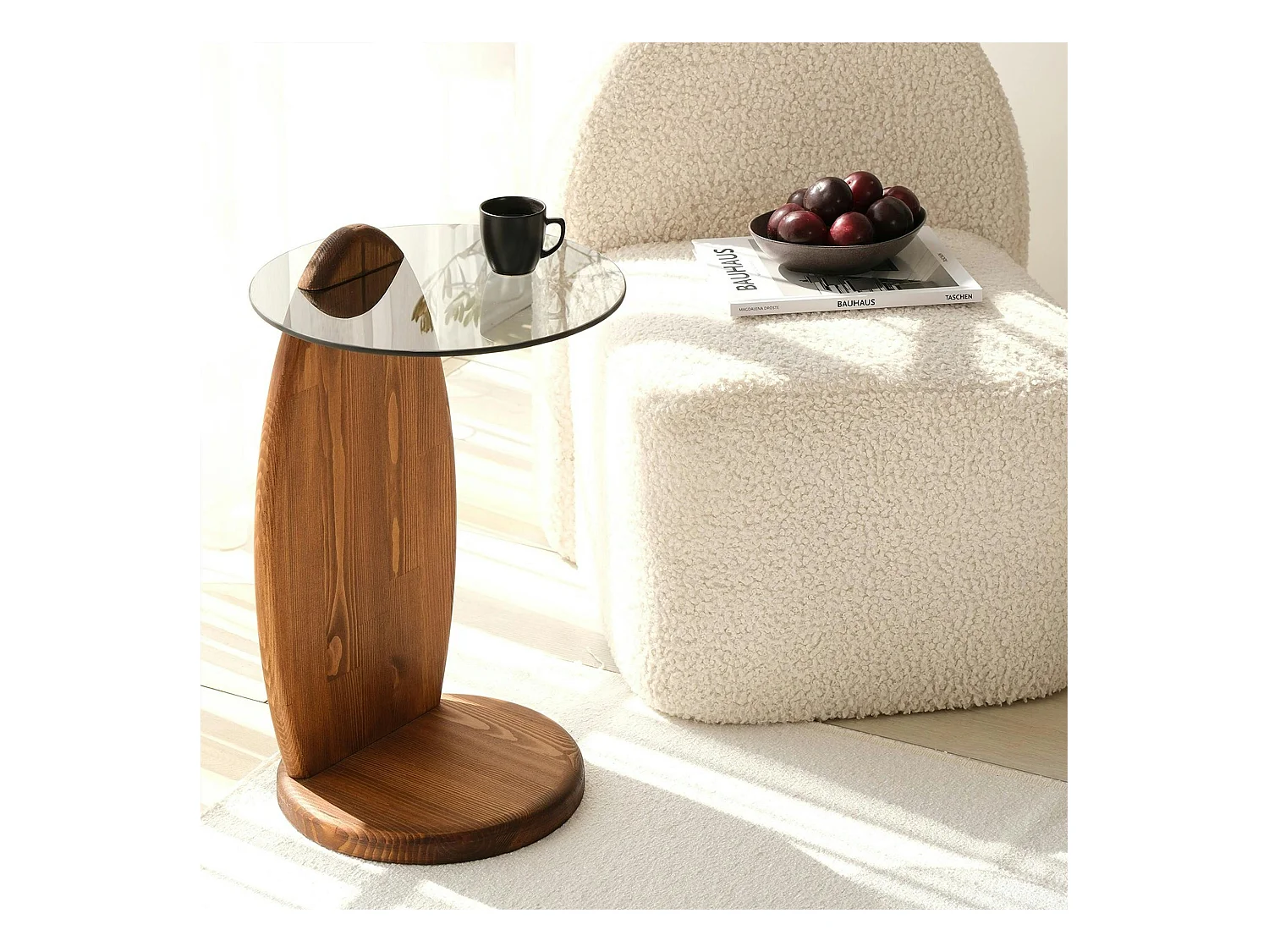 Bout de canapé bois brun et verre fumé - forme ronde ANZIO