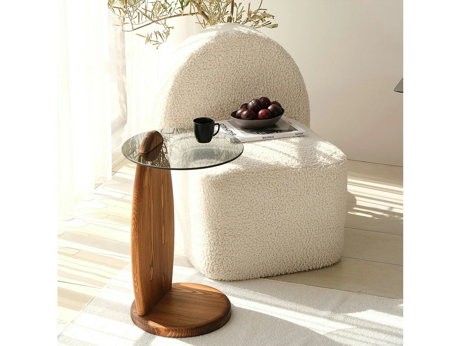 Bout de canapé bois brun et verre fumé - forme ronde ANZIO