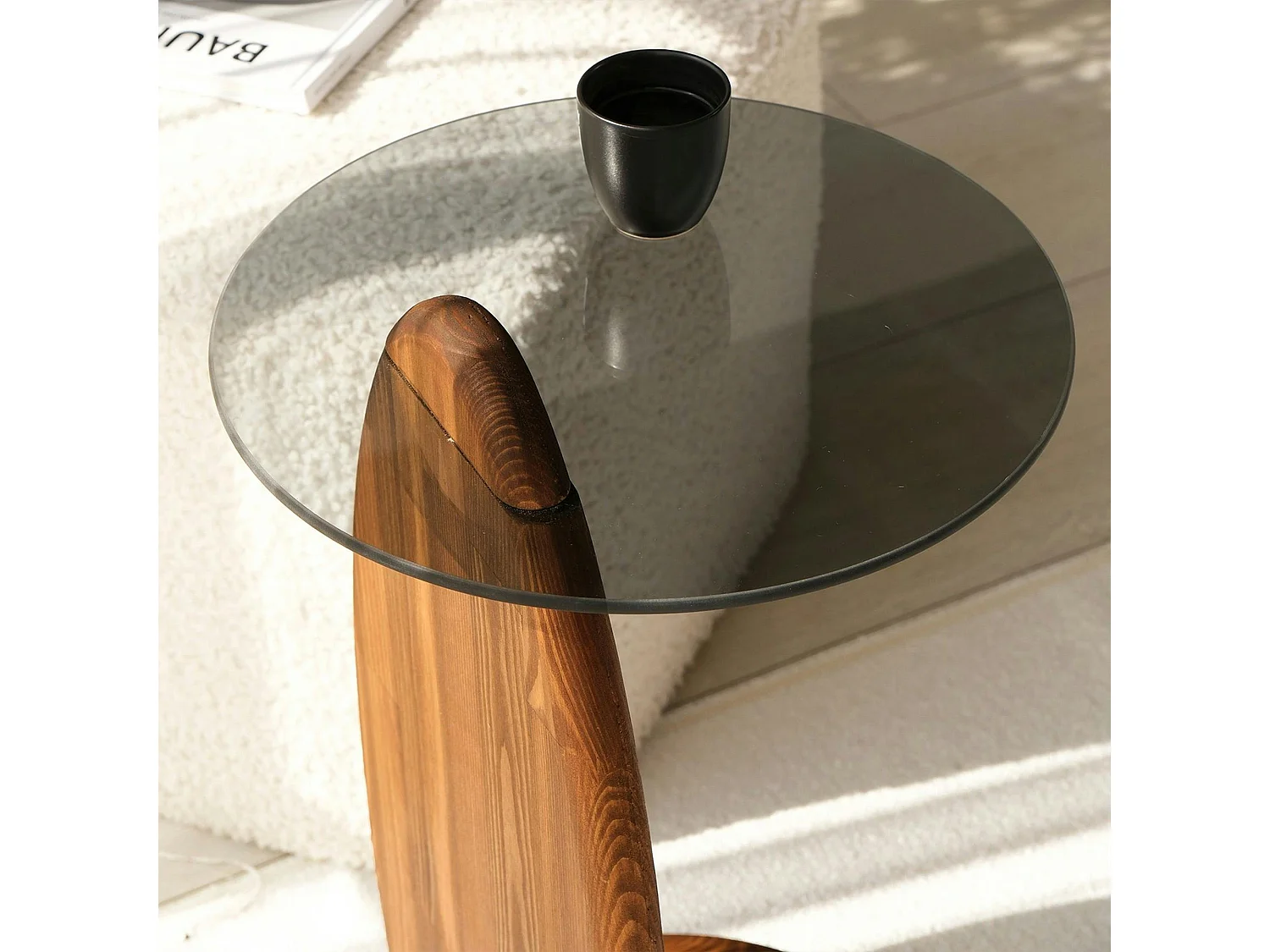 Bout de canapé bois brun et verre fumé - forme ronde ANZIO