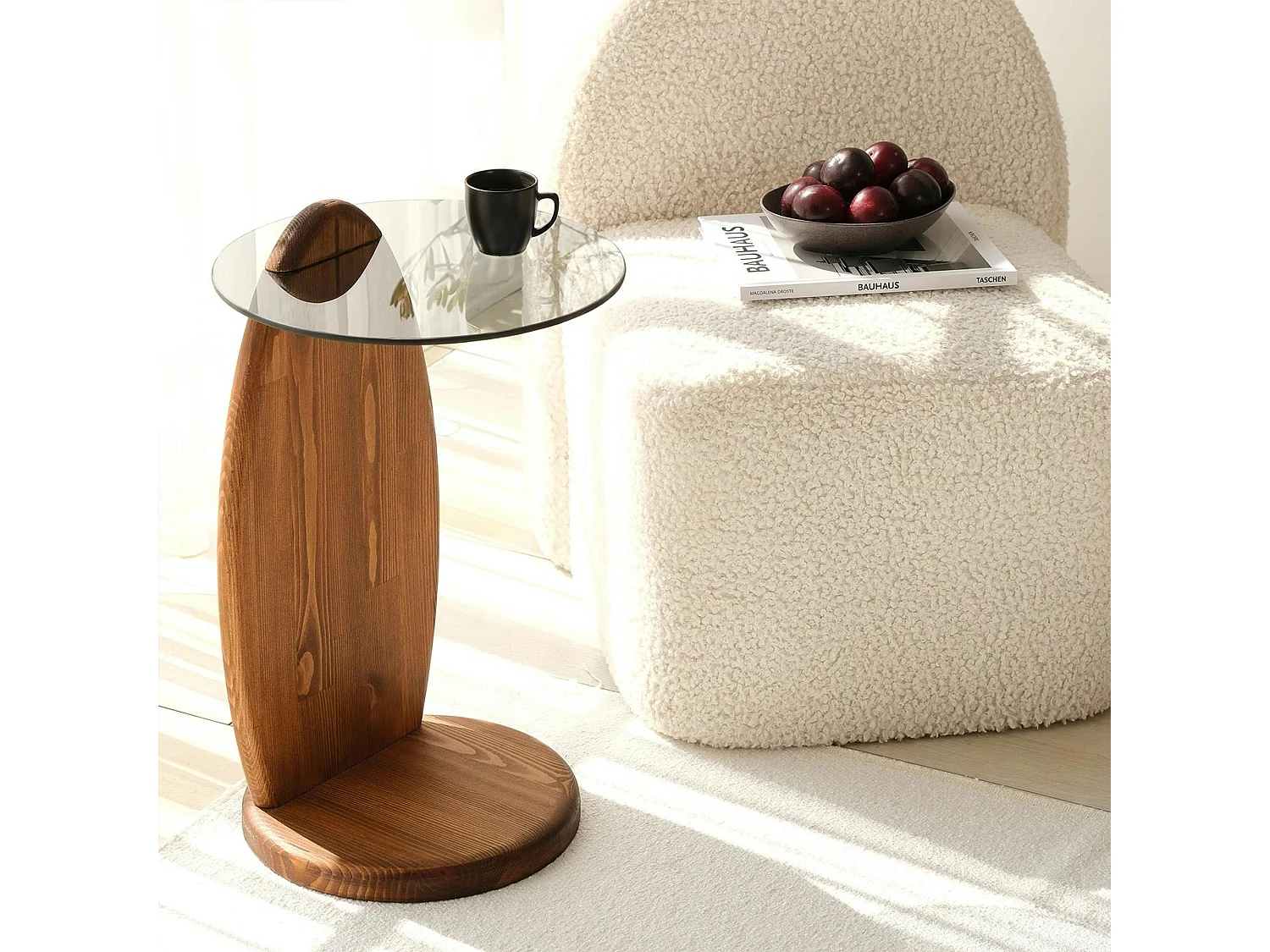 Bout de canapé bois brun et verre fumé - forme ronde ANZIO