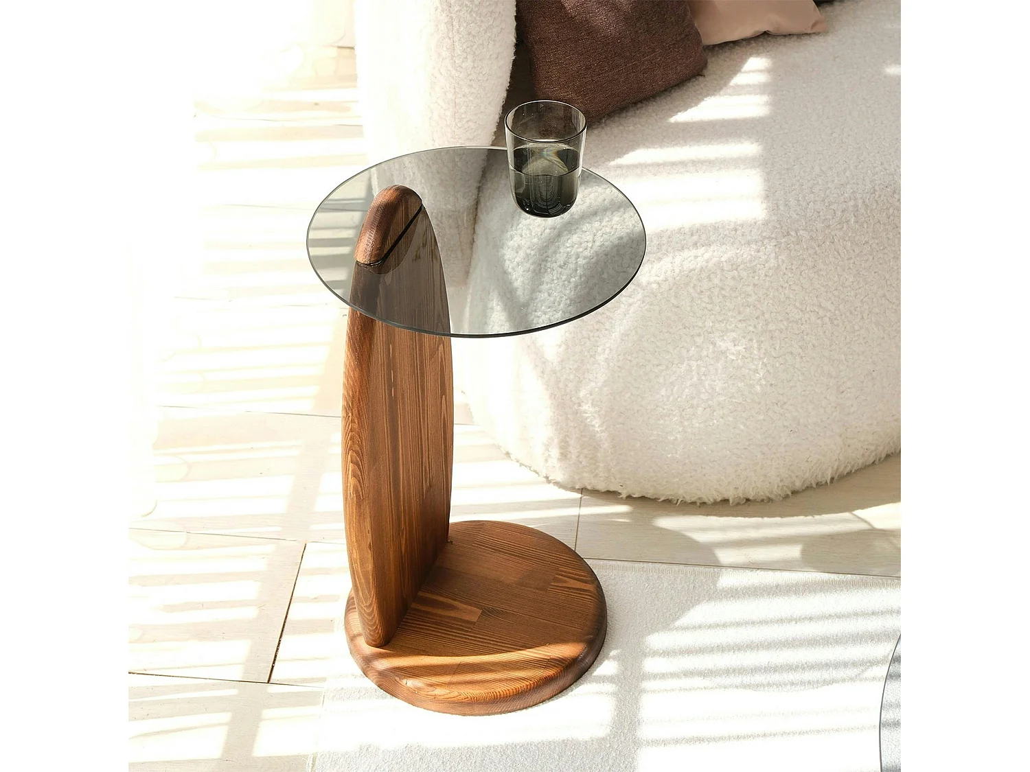 Bout de canapé bois brun et verre fumé - forme ronde ANZIO
