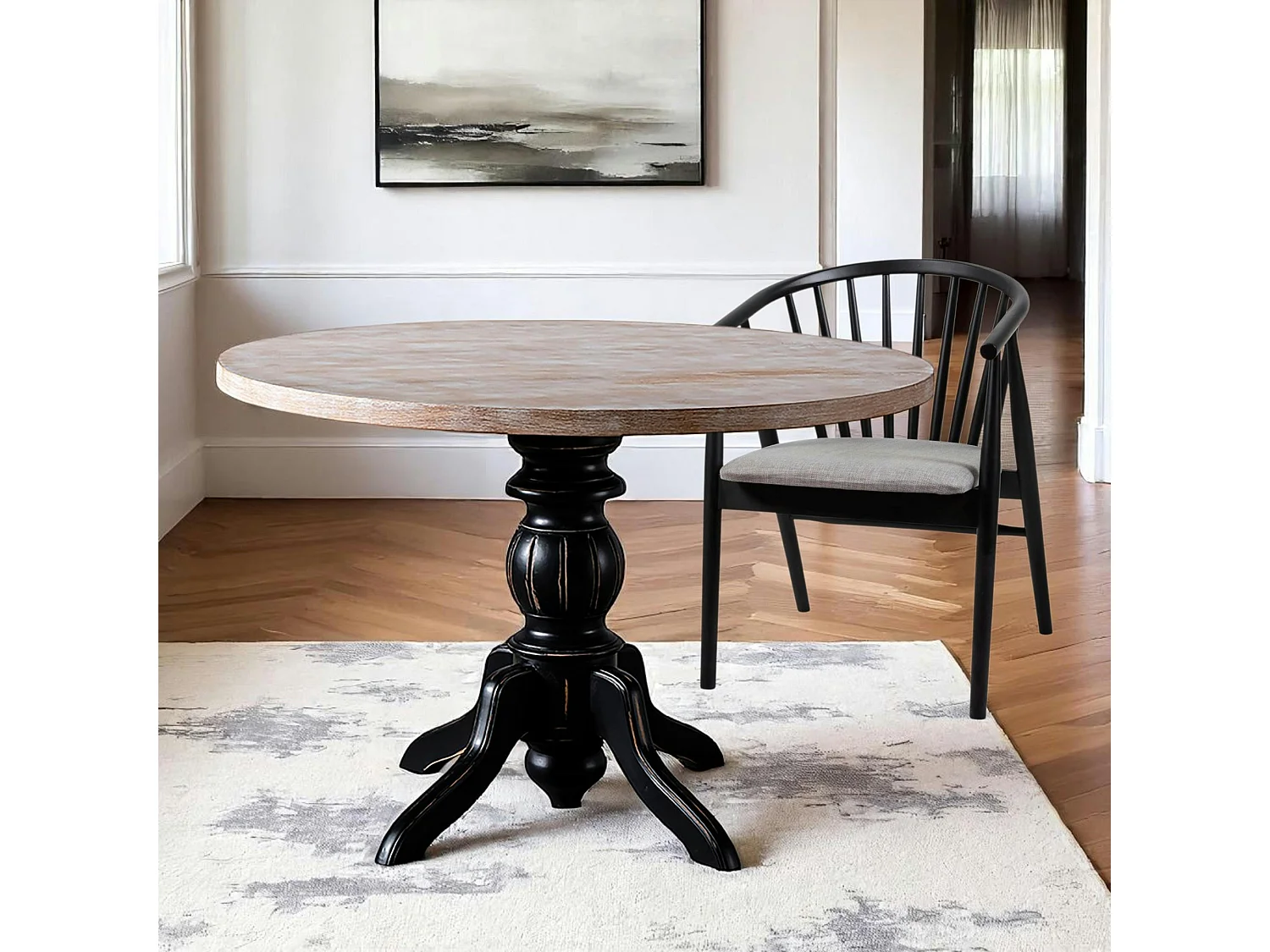 Table ronde en bois effet usé - pied noir ⌀120 cm TENA
