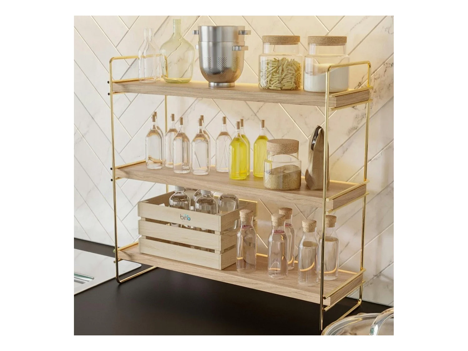 Étagère cuisine 3 niveaux - bois clair, supports dorés AVIALA
