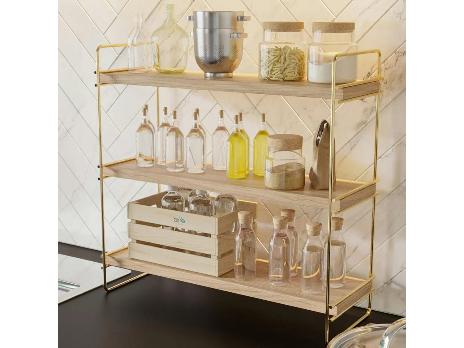 Étagère cuisine 3 niveaux - bois clair, supports dorés AVIALA