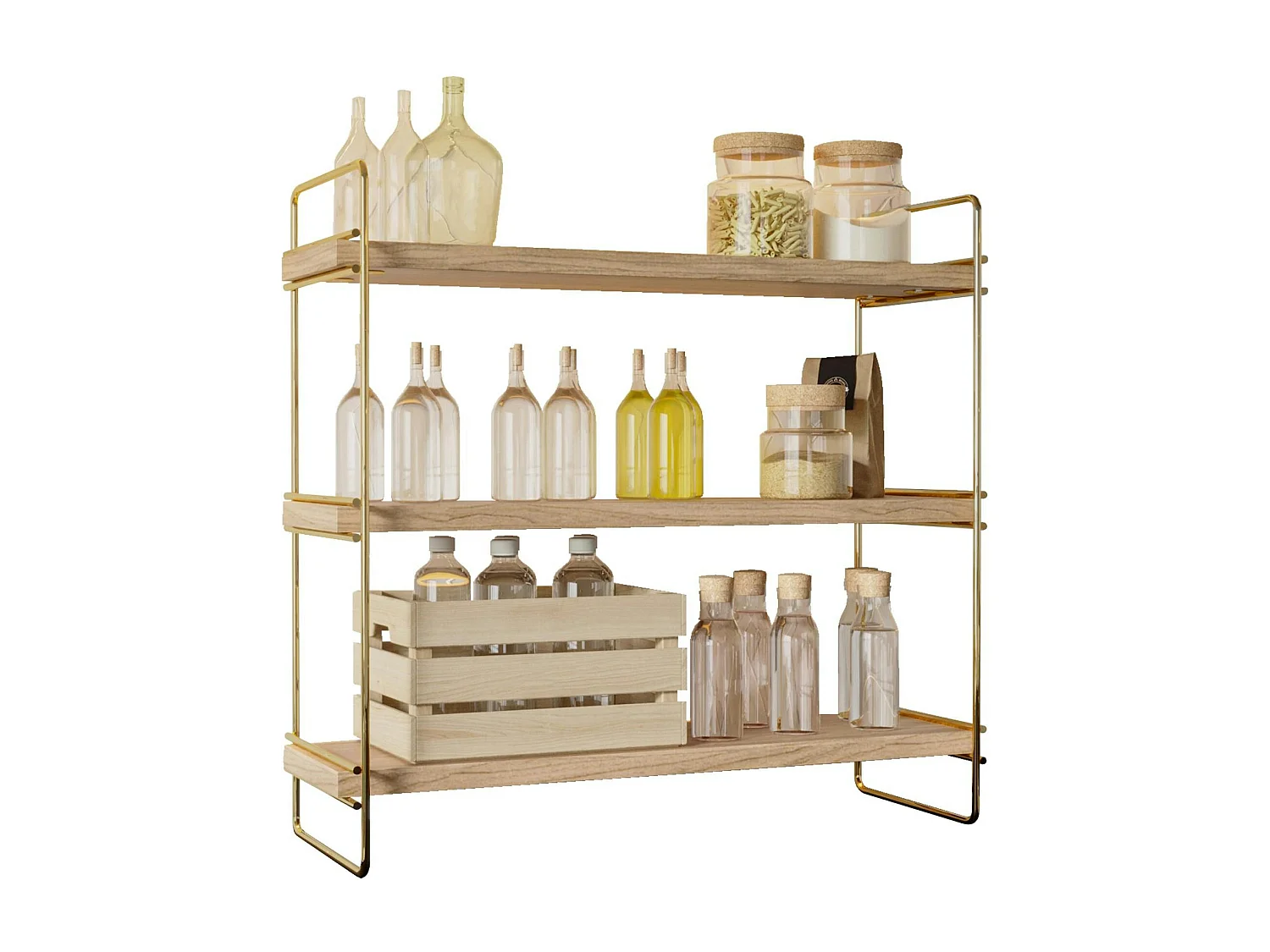 Étagère cuisine 3 niveaux - bois clair, supports dorés AVIALA
