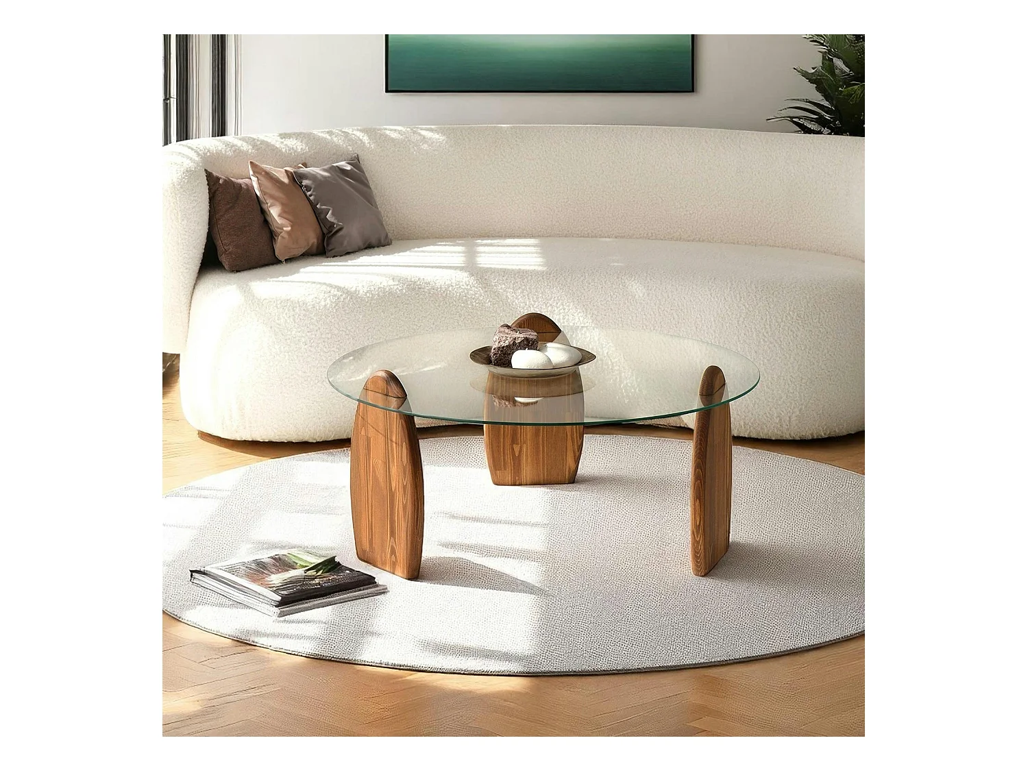 Table basse ronde en verre - 3 pieds bois brun ANZIO