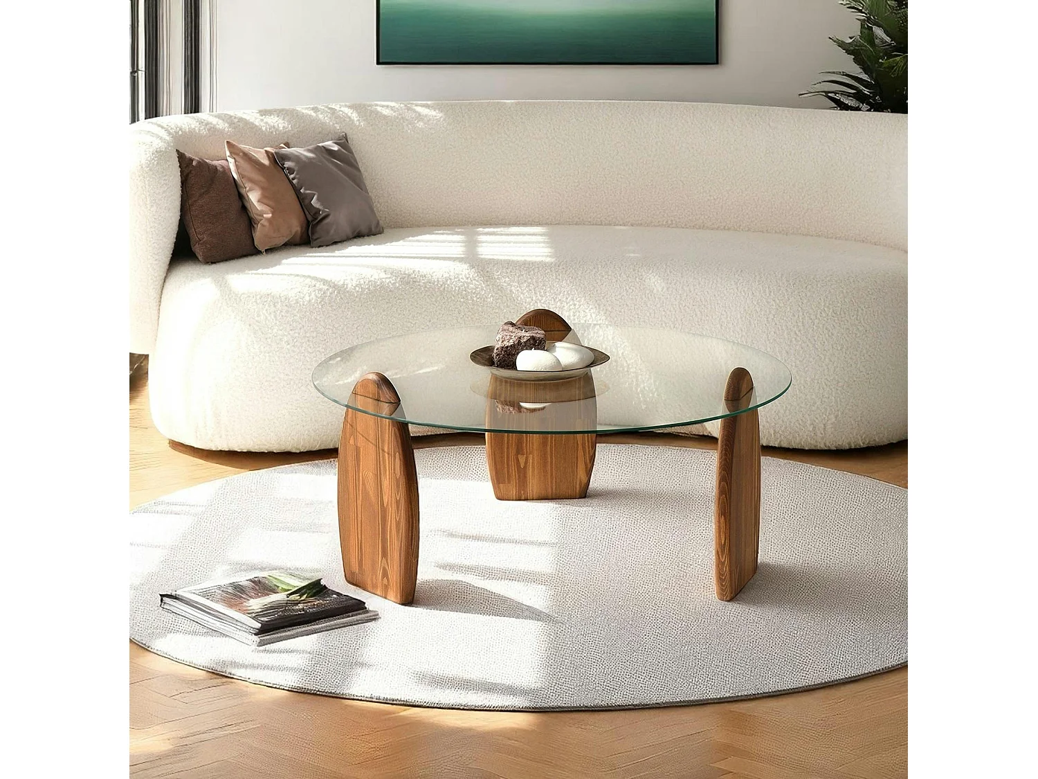 Table basse ronde en verre - 3 pieds bois brun ANZIO