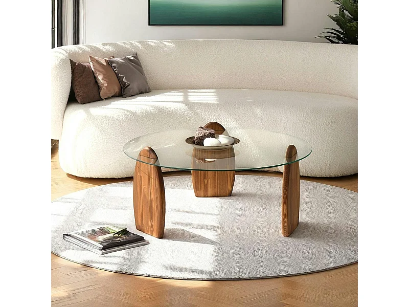 Table basse ronde en verre - 3 pieds bois brun ANZIO