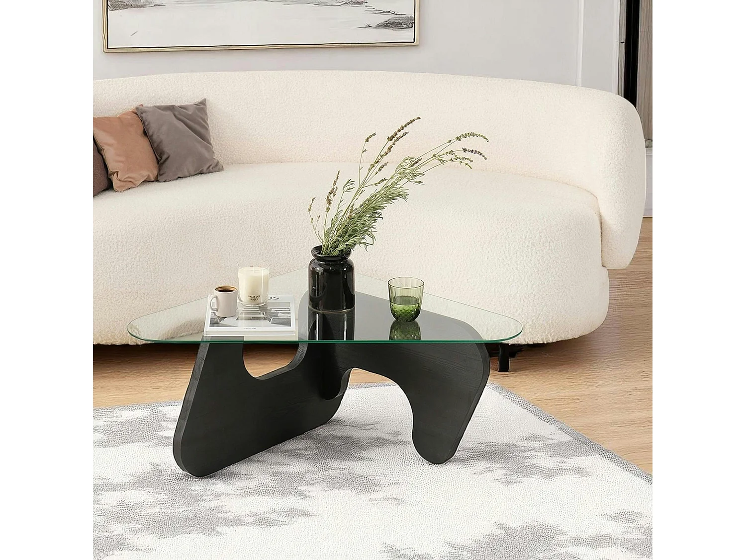 Table basse en verre - pied bois brun, forme triangle ANZIO