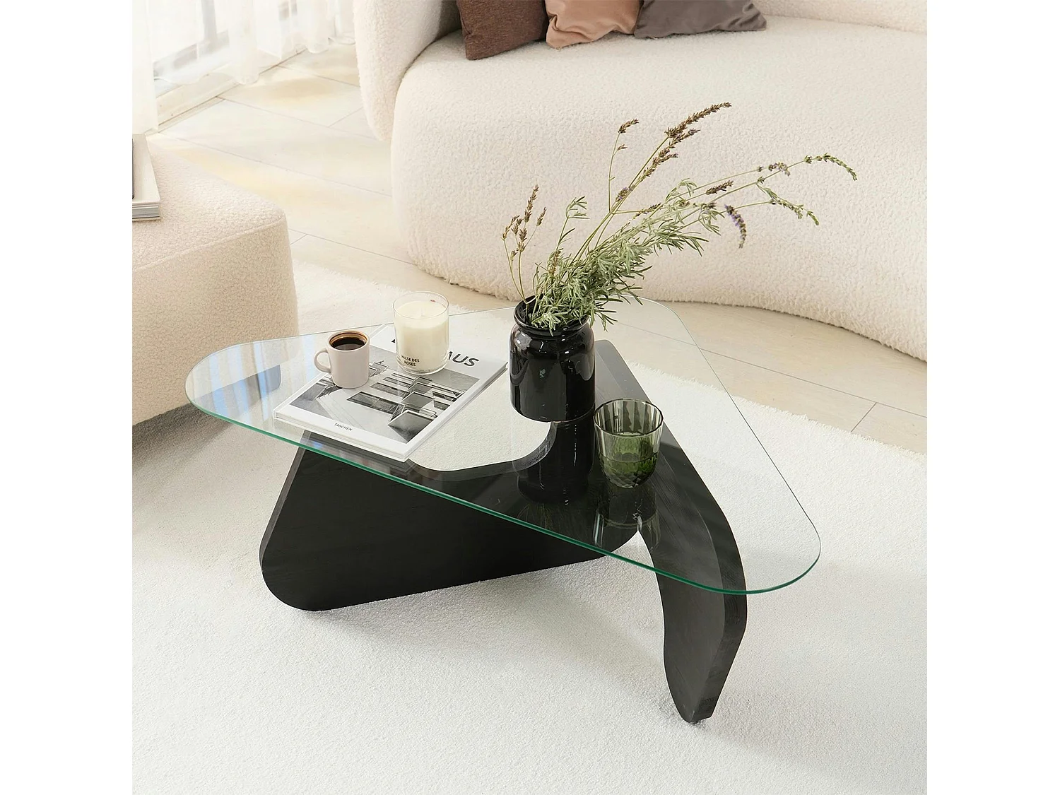 Table basse en verre - pied bois brun, forme triangle ANZIO