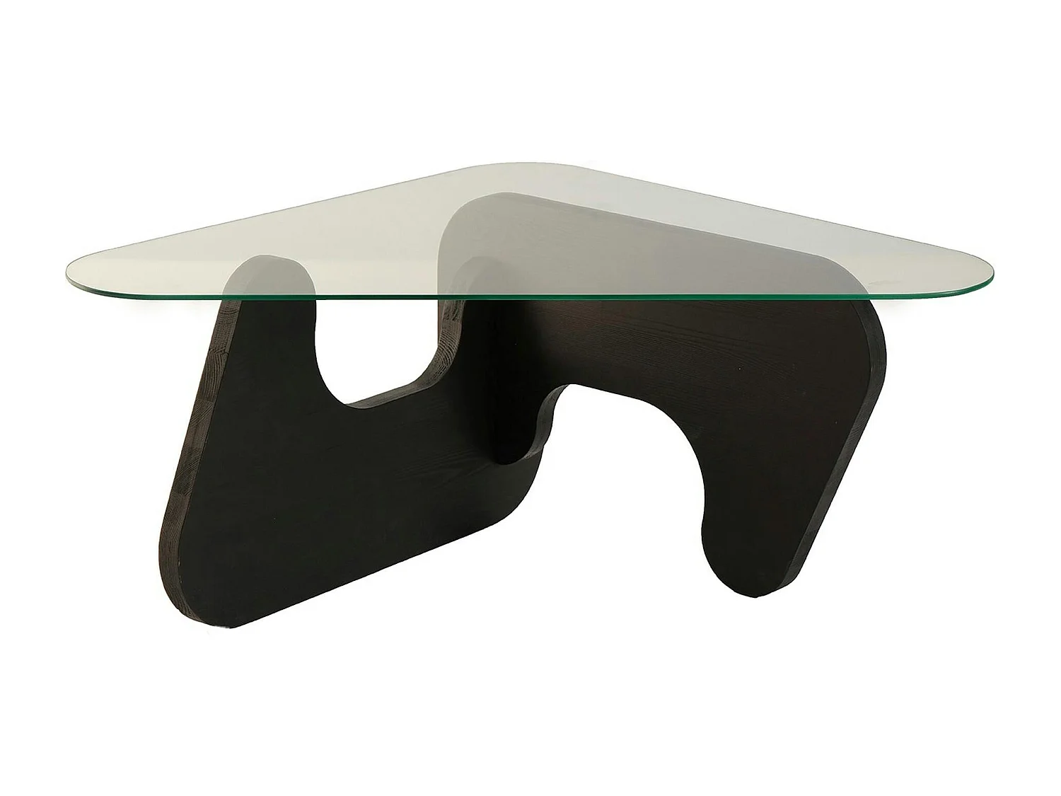 Table basse en verre - pied bois brun, forme triangle ANZIO