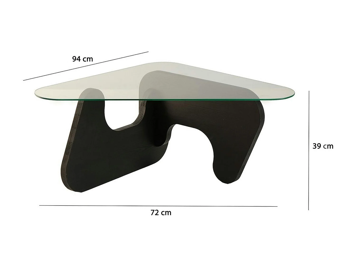 Table basse en verre - pied bois brun, forme triangle ANZIO