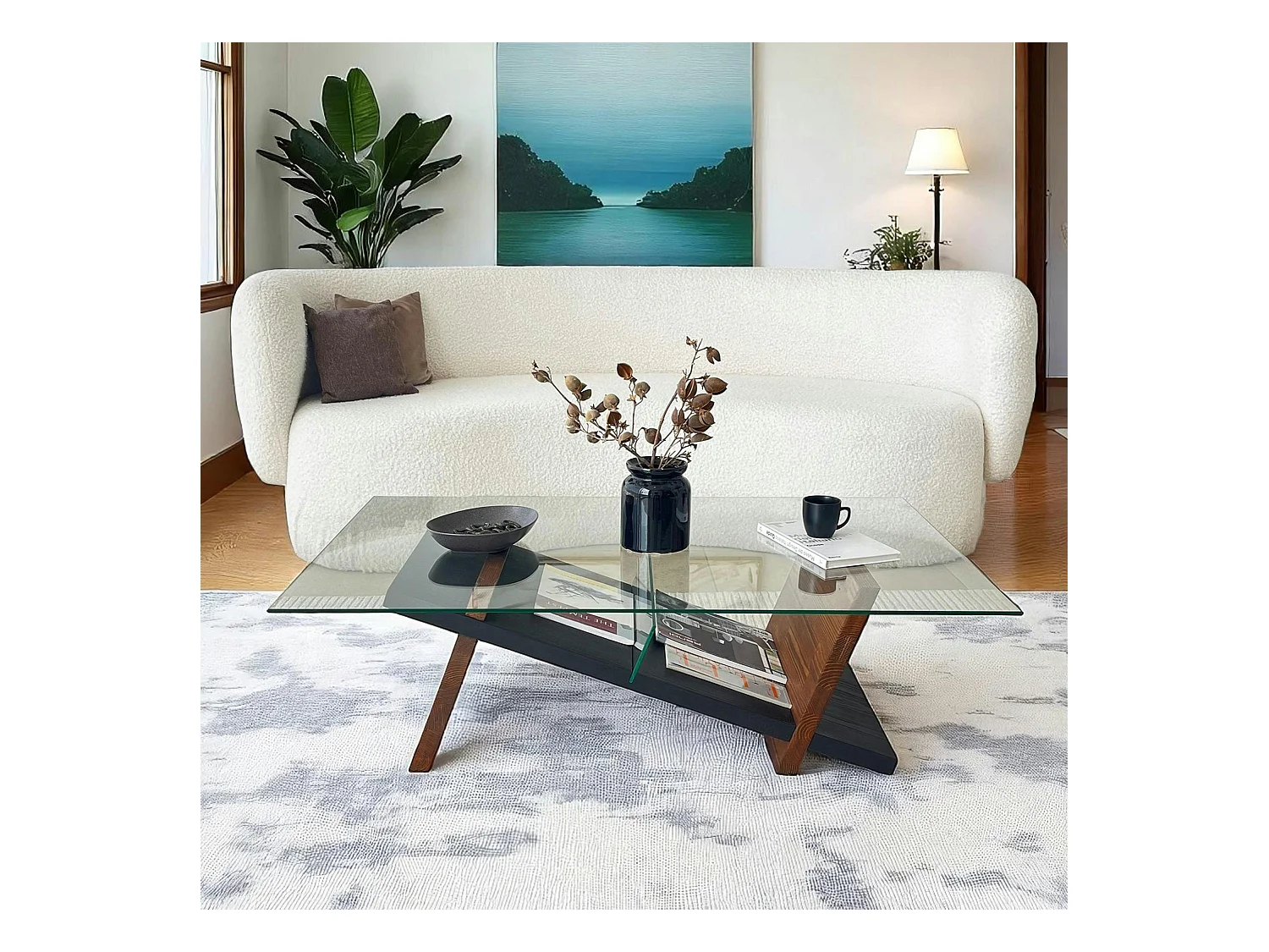 Table basse verre et bois brun - fonction porte-revues LHASA